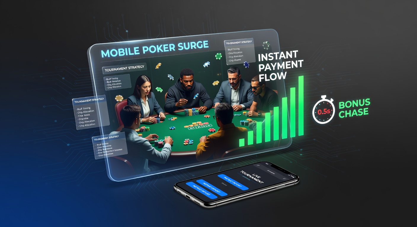 Spelers met smartphones aan een virtuele pokertafel, symboliserend de mobile poker surge
