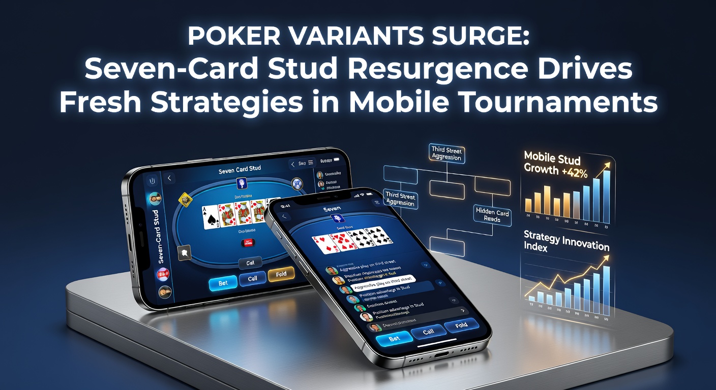 Spelers geconcentreerd aan een virtuele pokertafel tijdens een mobiel Seven-Card Stud toernooi, met kaarten en chips zichtbaar op schermen