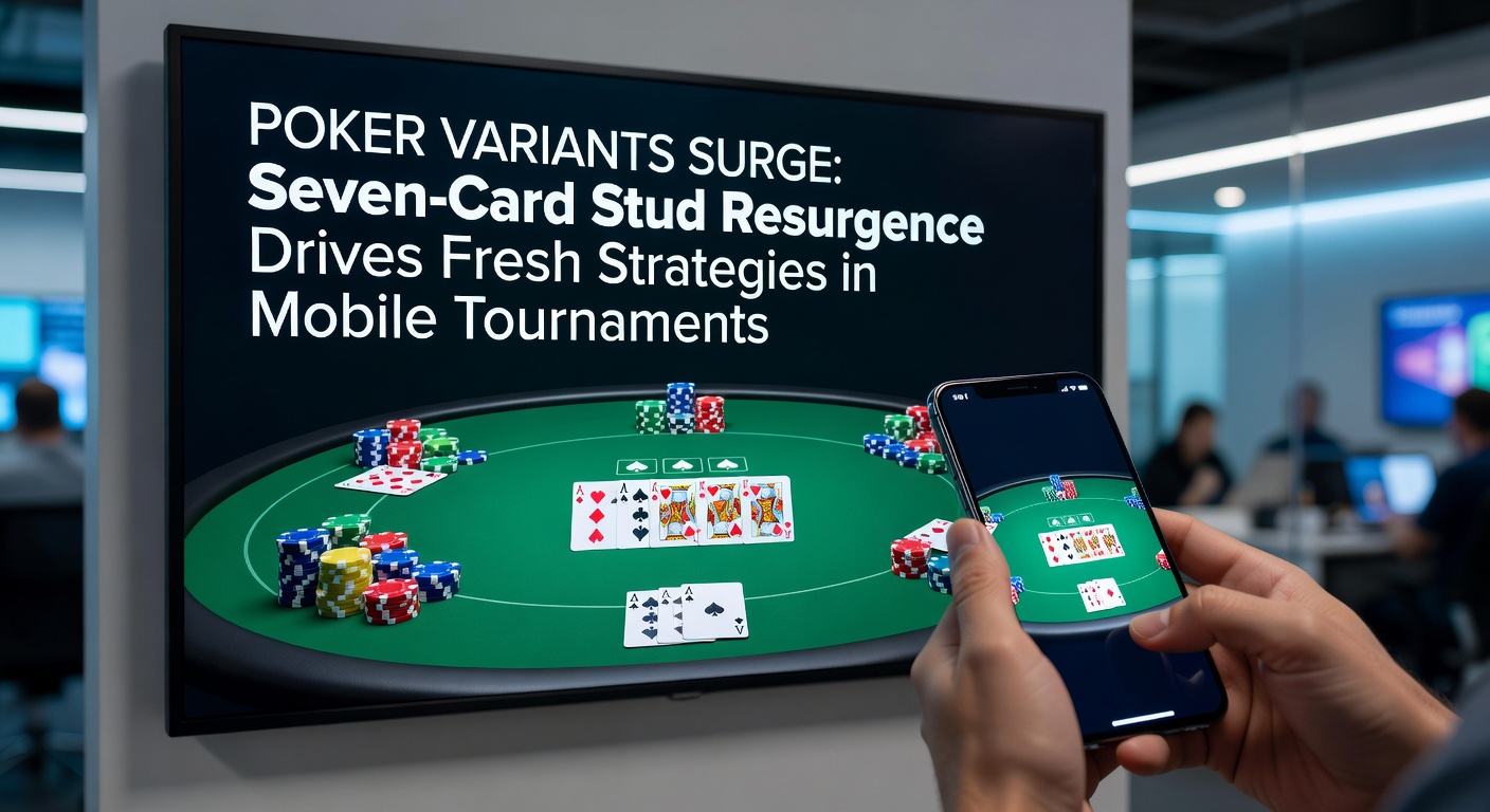 Grafiek met stijgende lijnen van Seven-Card Stud populariteit in mobiele apps, vergeleken met andere varianten, met toernooi-inschrijvingen op de y-as