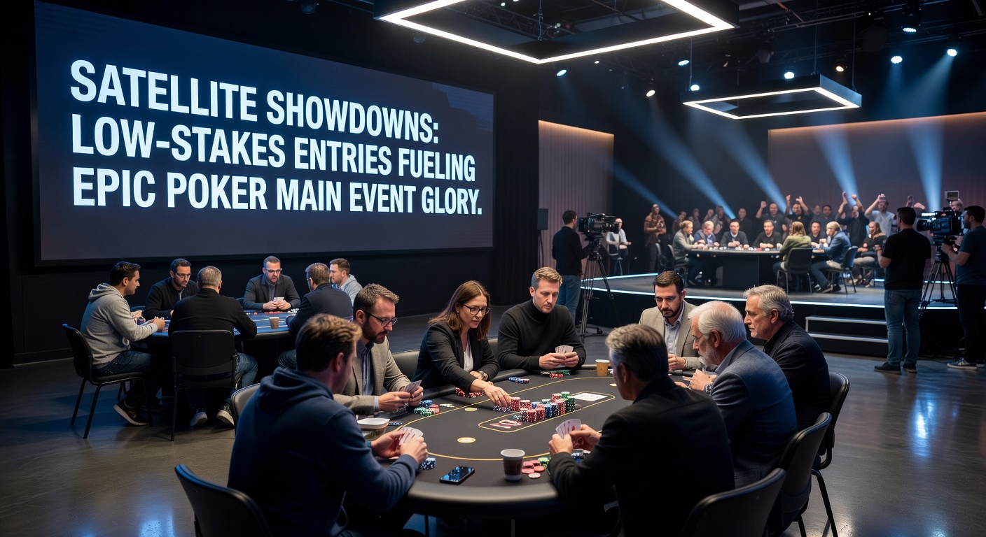 Spelers vieren een satellietoverwinning tijdens een live pokertoernooi, met fiches en kaarten op tafel terwijl de spanning oploopt naar de main event