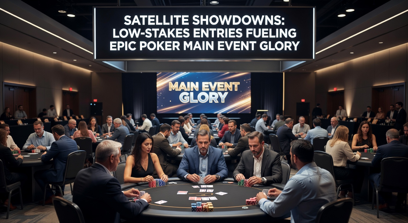 Een finaletafel van een main event met satellietwinnaars die juichen, trofeeën en checks in de spotlight terwijl toeschouwers toekijken